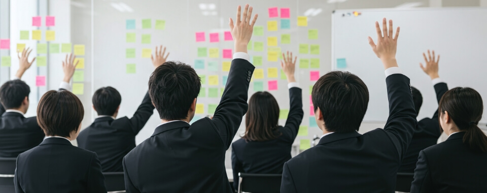 オンライン企業説明会でプレゼンテーションを行うビジネスマンとグラフ資料